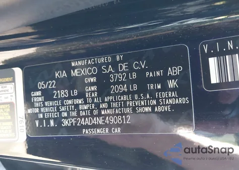 2022 Kia Forte Lxs from USA, damaged, VIN 3KPF24AD4NE490812